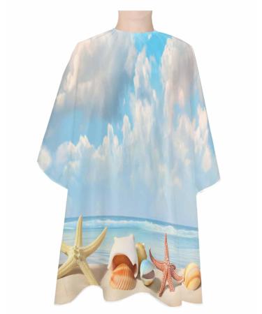 Ocean Beach Barber Cape - Salon Hair Cutting Cape for Women Men Kids Adults Blue Summer Seashell Conch Starfish Sand Haircut Cape with Adjustable Elastic Neckline Hairdressing Stylist Cape Accessories 1 piece 55x63 Inch Sky Blue Khaki