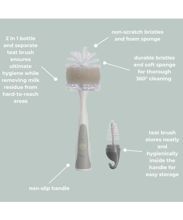 Vital Baby NURTURE Deluxe Bottle Brush - Universal Size - Fits All Bottles - Intergrated Teat Brush - Durable Bristles - Foam Sponge - White/Grey Large - Buy Online on GoSupps.com