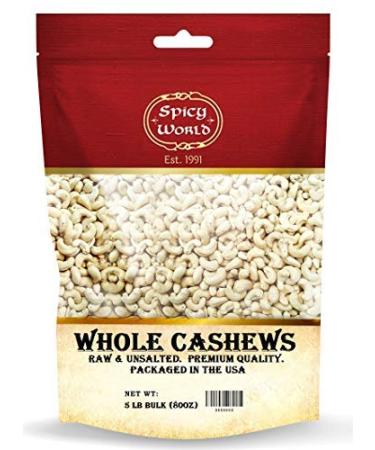 Spicy World Raw Cashews Whole 5 Pound Bulk - Unsalted, Natural & Pure 5 Pound (Pack of 1)