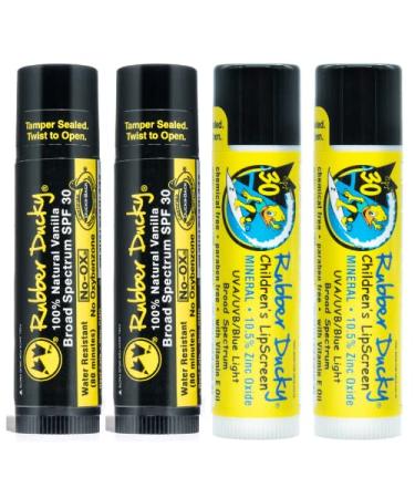 Rubber Ducky SPF 30 Natural Mineral Lip Balm 10.5% non-nano zinc oxide Moisturizing Sunscreen For Lips. Broad Spectrum UV/Blue Light Protection Sunblock - Waterproof Reef-Safe, NO-OX Untinted - Family 4 Pack