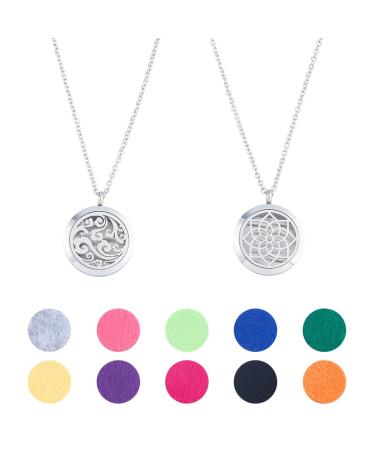 2 Sets Aromatherapy Locket Pendant Necklace 24 Inch Adjustable Chain Lotus and Floating Cloud Essential Oil Diffuser Necklace Stainless Steel Locket Pendants for Women