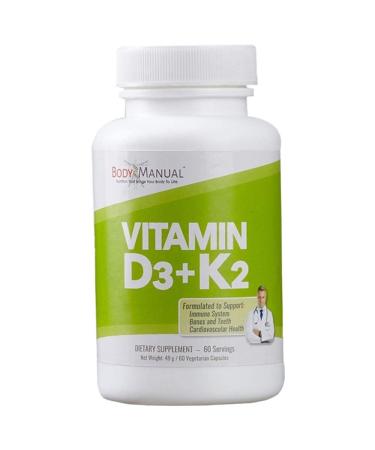 BodyManual Vitamin D3 (5 000 IU) + K2 (as MK-7 160 mcg) | GMO Gluten & Dairy Free | Supports Immune and Cardiovascular Health Brain Function Bones and Teeth | Easy to Swallow Capsules (60)