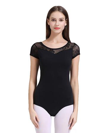 ModLatBal Women and Girls Short Sleeve Leotards for Ballet Dance Gymnastics Bodysuit Black Lace Medium