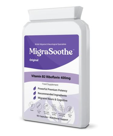 Premium Vitamin B2 Riboflavin 400mg per Capsule - Migrasoothe-B Pharma Manufacturing Standards UK Made Migraine Support Stress Tremors & Energy Vegan. Nice Recommended Vitamin B2 400 90