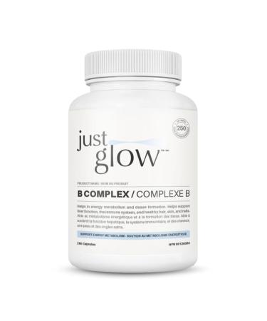 Just Glow B Complex - 250 Vegan Capsules - Essential Vitamin B w/Biotin Niacin Choline Folate and Inositol - Made in Canada (250 Days / 1 Bottle)