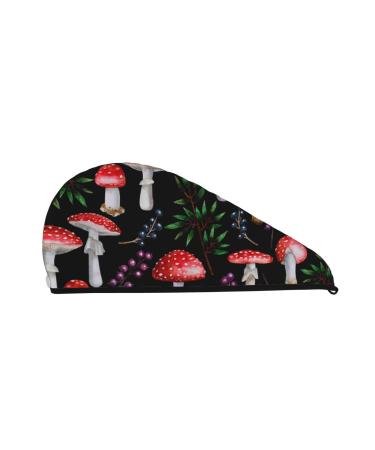 Microfiber Hair Drying Cap Red Mushrooms Hair Towel Cap Soft Absorbent Hair Towel Towel Wrap with Button Quick Dry Fast Drying Hair Capsfor Curly Long & Thick Hair