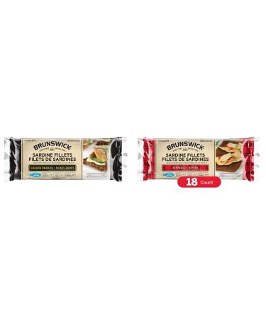 Brunswick Sardine Fillets Seafood Snacks Golden Smoked 92g 18 Count & Sardine Fillets Seafood Snacks Kippered 100g 18 Count Fish + Fish 18 Count