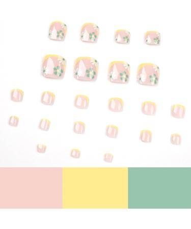 24Pcs Square False Toenails Glossy French Yellow Border Press on Toenails Shiny Stick on Toenails Short Acrylic Full Cover Summer Fake Toenails for Women and Girls Daily Decorations White Green flowers - Buy Online on GoSupps.com