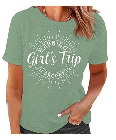 CYJAGNY Women's Casual Warning Girls Trip in Progress T-Shirt Casual Crewneck Short Sleeve Graphic Tee Green Large
