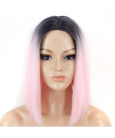 SHIYID Short Pink Wig with Dark Roots - Stylish Synthetic Straight Wig for Women | International Shipping Available - Buy Online on GoSupps.com