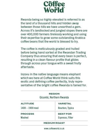 Coffee World | Rwanda Inzovu Single Origin UK Roasted Whole Coffee Beans - Perfect Brewing for Caf s Businesses Shops & Home Users (Coffee Beans 250g) - Buy Online on GoSupps.com
