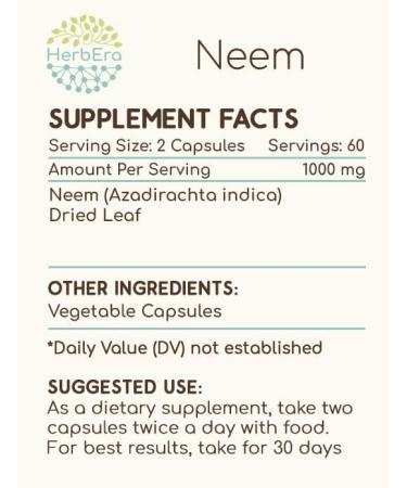 HerbEra Neem 120 Capsules, 500 mg, Neem (Azadirachta Indica) Dried Leaf (120 Capsules) 120 Count (Pack of 1) - Buy Online on GoSupps.com