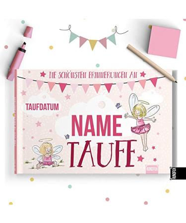 Rundfux baptismal album with angel & elves for girls (pink) |Personalized with your desired name and baptism date on the cover - every book unique