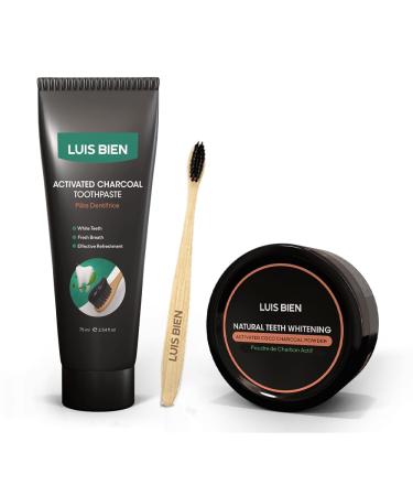 Luis Bien - Activated Charcoal Teeth Whitening & Care Kit - Bright Smile & Fresh Breath - Powder Toothpaste and Bamboo Toothbrush - 50g/75ml