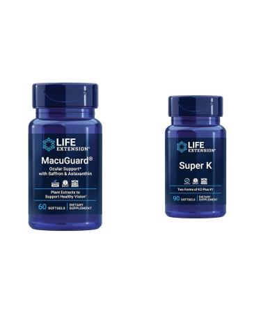 Life Extension Macuguard Eye Health Supplement with Lutein Meso-Zeaxanthin Saffron & Astaxanthin - 60 Count and Super K Vitamin K1 K2 MK-7 MK-4 Vitamin C - 90 Softgels