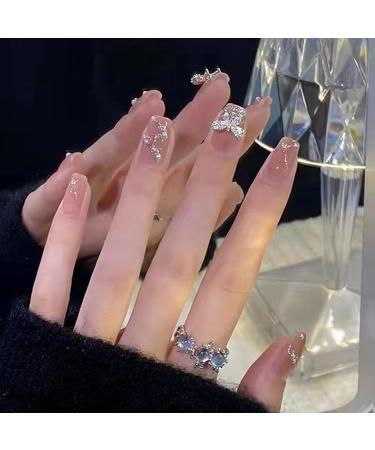French Tip Press on Nails - Short Square Press On Nails with Nail Tips Light Luxury Sparkling Bow Glitter Rhinestones Design Glossy white press on nails Acrylic False Nails Cute Artificial Nails - Buy Online on GoSupps.com