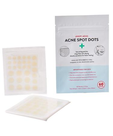 Peach Slices Acne Spot Dots | Clear Hydrocolloid Acne Pimple Patch for Zits and Breakouts | Treats, Drains, and Shrinks Blemishes | Vegan and Cruelty-Free | Three Sizes 7mm, 10mm, 12mm (60 Count) 60 Piece Assortment