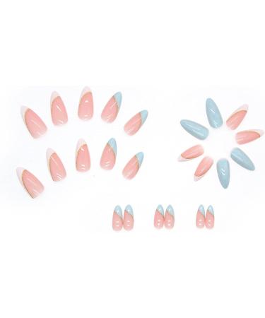 24 Pcs Almond Medium Long Glossy Sky Blue French Press on Nails with Gold Line Pattern - Manicure Tool Kit Included - Stick on False Nails for Women - Buy Online on GoSupps.com