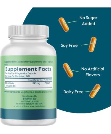 BESTVITE Vitamin B-2 100mg (240 Vegetarian Capsules) - No Stearates - No Dicalcium Phosphate - Vegan - Non GMO - Gluten Free - Buy Online on GoSupps.com
