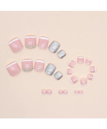 French Sparkling Rhinestone Fake Toe Nails Set - 24PCS Full Cover Short Square Press-on Toenails with Glue Sticker and File - Perfect for Women, Teens, and Girls - Buy Online on GoSupps.com