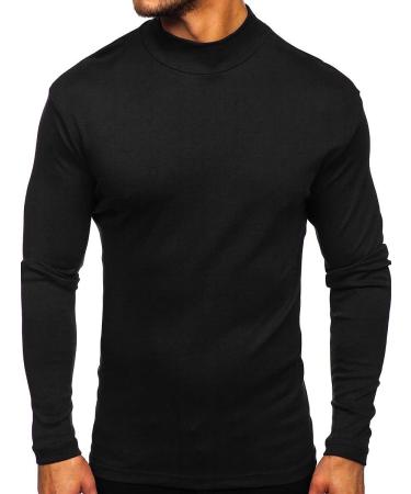 Mens Mock Turtleneck T-Shirt Long Sleeve Pullover Basic Designed Undershirt Stretch Lightweight Top Black Large
