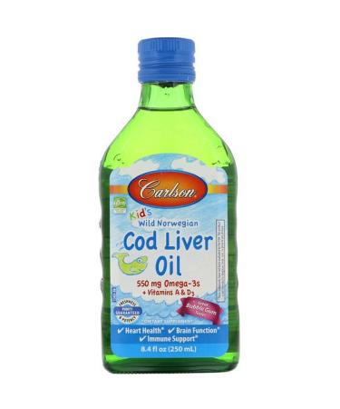 Carlson Labs Kid's Wild Norwegian Cod Liver Oil Bubble Gum Flavor 8.4 fl oz (250 ml)