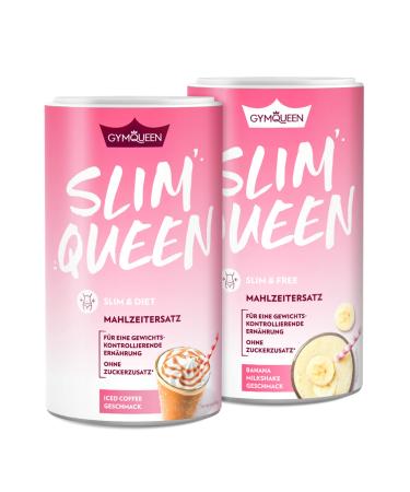 Gymqueen slim queen weight loss Shake 2x420g Banana Milkshake + Iced Coffee delicious diet shake for easy weight loss meal set with important vitamins and nutrients only 250 kcal per portion of Banana Milkshake + Iced Coffee 420 G (2 Pack)