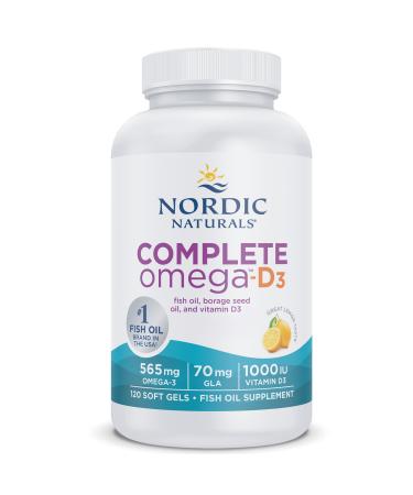 Nordic Naturals Complete Omega-D3 565mg with Omega-6 Omega-9 and Vitamin D3 High Dosed Lemon Taste 120 Soft Capsules Lab Tested Soy Free Gluten Free Non-GMO