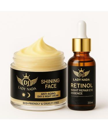 DJ LADY NADA Double Trouble Anti-Aging Duo Collagen Face Cream & Retinol Eye Serum Set for Women and Men | Hydrating Day & Night Wrinkle Care with Hyaluronic Acid & Vitamin E