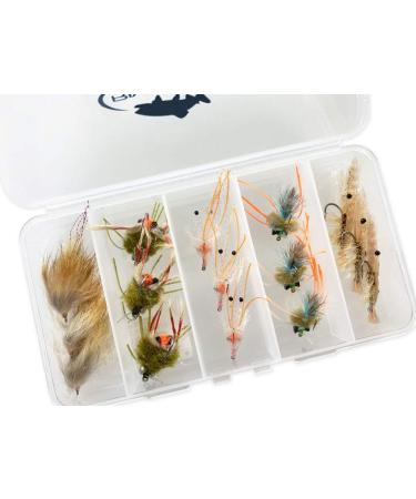 RiverBum Redfish Flies Assortment Kit with Fly Box, Crazy Charlie, Assorted Shrimp and Crab Flies for Fly Fishing - 15 Piece