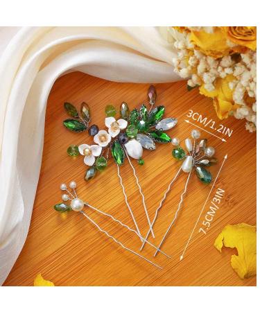 Silver Green Rhinestone Flower Bridal Hair Pins - Set of 3 | Wedding Hair Accessories for Women & Girls - Buy Online on GoSupps.com