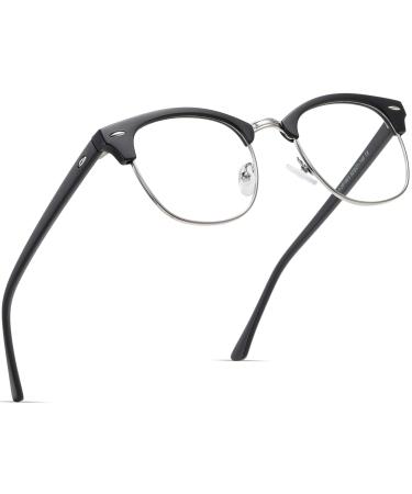 AOMASTE Blue Light Blocking Glasses Retro Semi Rimless UV400 Clear Lens Computer Eyewear For Men Women C2 Matte Black Silver Frame