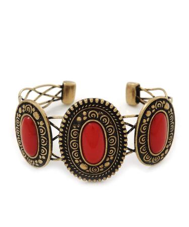 Avalaya Vintage Burn Gold Hammered Cuff Bangle with Red Stones - Adjustable