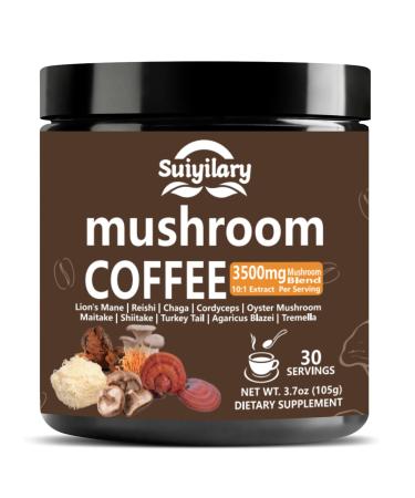 10 Mushroom Coffee with Arabica w Lion's Mane Reishi Mushroom Polysaccharides & More 3500mg(10:1) Extract Instant Mushrooms Powder for Focus Immunity Boost Memory & Clarity - 30 Servings mushroom coffee 3.7 Ounce (Pac