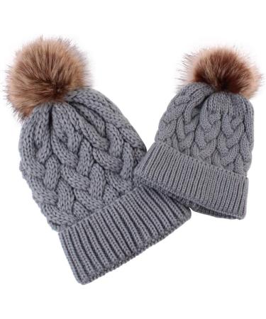 2PCS Family Matching Winter Knit Hat Set - Grey Mother & Baby Ski Cap - Buy Online on GoSupps.com