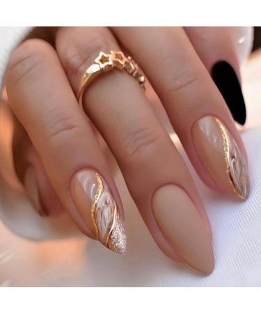 Almond Press on Nails Short Medium BAOYAALIN Glitter Fake Nails with Gold Swirl Design Gel Glue on Nails for Women Girls Full Cover Acrylic Artificial False Stick on Nail for Wedding 24Pcs Gold Glitter Almond A01
