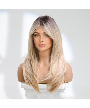 Long Blonde Wig with Bangs and Dark Roots - 22 Inch Synthetic Hair Wig for Women - Buy Online on GoSupps.com