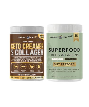 Peacock Max Collagen Keto Creamer & Superfood Reds and Greens Powder Bundle Hydrolyzed Collagen with MCT & Organic Superfoods with Probiotics & Enzymes