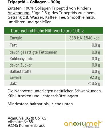 AcanChia Collagen hydrolyzate tripeptide 300 g good solubility tasteless without additives from beef high bioavailability only 25 g per day - Buy Online on GoSupps.com