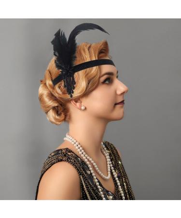 Handcess 1920s Flapper Feather Headband Black Feather Beaded Headband Women's Vintage Flapper Headpiece 20's Theme Cocktail Hair Accessories for Costume Prom Carnival Theme Party - Buy Online on GoSupps.com