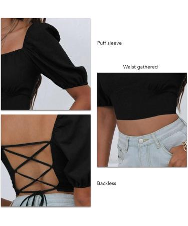 Puff Sleeve Blouse Fashion Short Sleeve Top Lace Up Back Elegant for Shopping Black Large - Buy Online on GoSupps.com