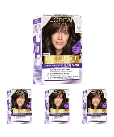 L'Or al Paris Permanent hair color with a color result 100% gray hair cover set with coloring shampoo and care cream excellence cool cream No. 4.11 Ultra cooling medium brown (brown) Ultra cooling middle brown (4 Pack)