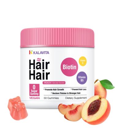 KalaVita Biotin Gummies | Sugar Free | Vegan | Biotin Vitamins for Hair Skin & Nails | Biotin Gummies for Hair Growth | White Peach Flavor | 50 Count | 25-Day Supply 50 Count (Pack of 1)