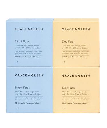 Grace & Green - Cotton Mixed Sanitary Pads - with Wings - 100% Organic Biodegradable Cotton - Individually Wrapped - Free from Plastic - 40x Pads 20 Day Pads & 20 Night Pads Day & Night