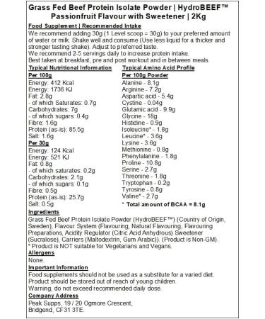 Grass Fed Beef Protein Isolate 95% - HydroBEEF | Rich in Type I II III Collagen (Passionfruit 2kg) Passionfruit 2kg - Buy Online on GoSupps.com