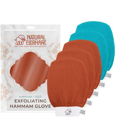Natural Elephant Exfoliating Hammam Glove - Face and Body Exfoliator Mitt 5 and 10 Packs (3 Orange 2 Teal (Pack of 5))