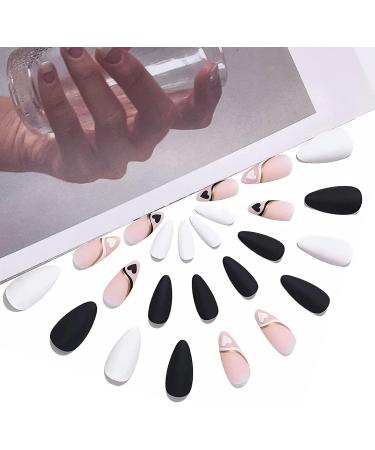 Pink French Stiletto Fake Nails - 24Pcs Swirl & Heart Pattern False Nails with Nail Glue - Almond Black White Tips for Women & Girls Nails Art - Buy Online on GoSupps.com
