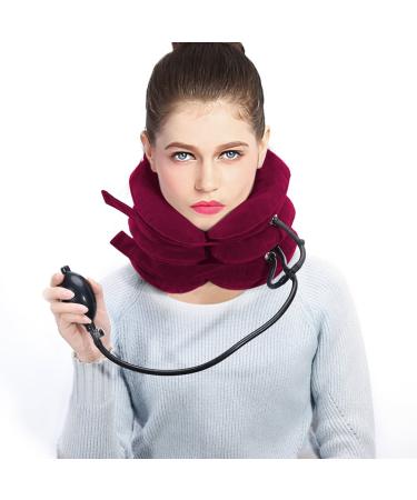 Cervical Neck Traction Device soft and comfortable U-shaped PVC neck support cushion Setting Air pump Ideal for alignment of the spine and relief chronic neck pain (red)