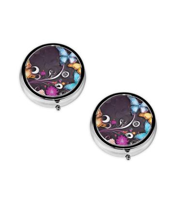 (Butterflies) Round Pill Box 3 Compartment Pill Box Mini Decorative Pocket Purse Portable Travel Medicine Tablet Vitamin Holder Organizer Pill Case