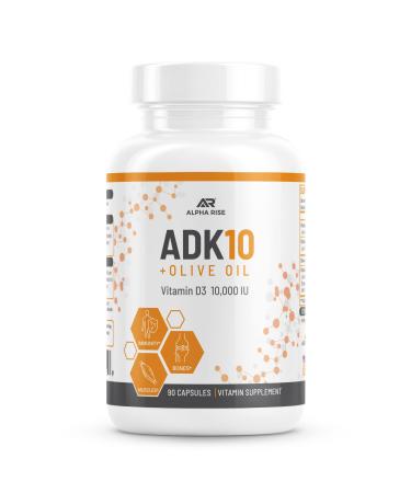 ALPHA RISE ADK 10 Vitamin Supplement + Olive Oil for Better Absorption - with Vitamins A + D3 (10 000 iu) + K2 (MK7+MK4) - 90 Capsules - Vegetarian - Non-GMO 10000 Iu